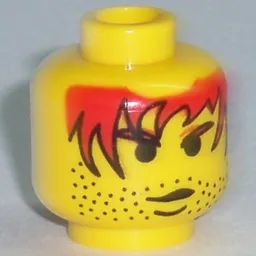 Minifig Head, Red Hair with Black Outline, Stubble Print [Blocked Open Stud] / Yellow