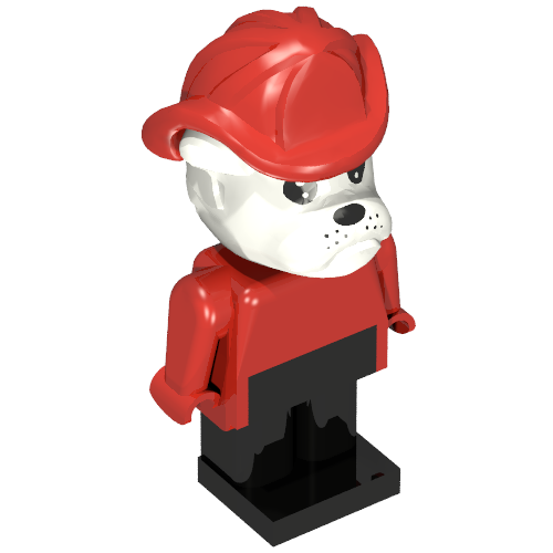 Lego Fabuland Figure Bertie Bulldog with White Head, Red Torso, Arms and Hands, Black Legs and Red Fireman Helmet / Red