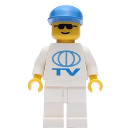 Man, White Shirt with TV Logo, Blue Cap, Sunglasses