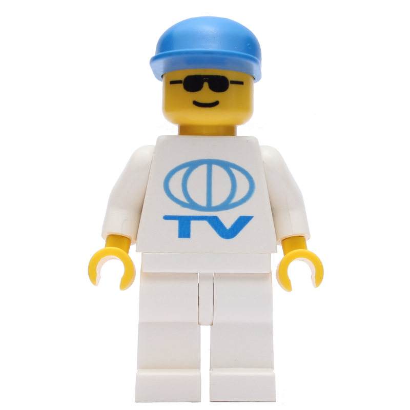 Lego Man, White Shirt with TV Logo, Blue Cap, Sunglasses