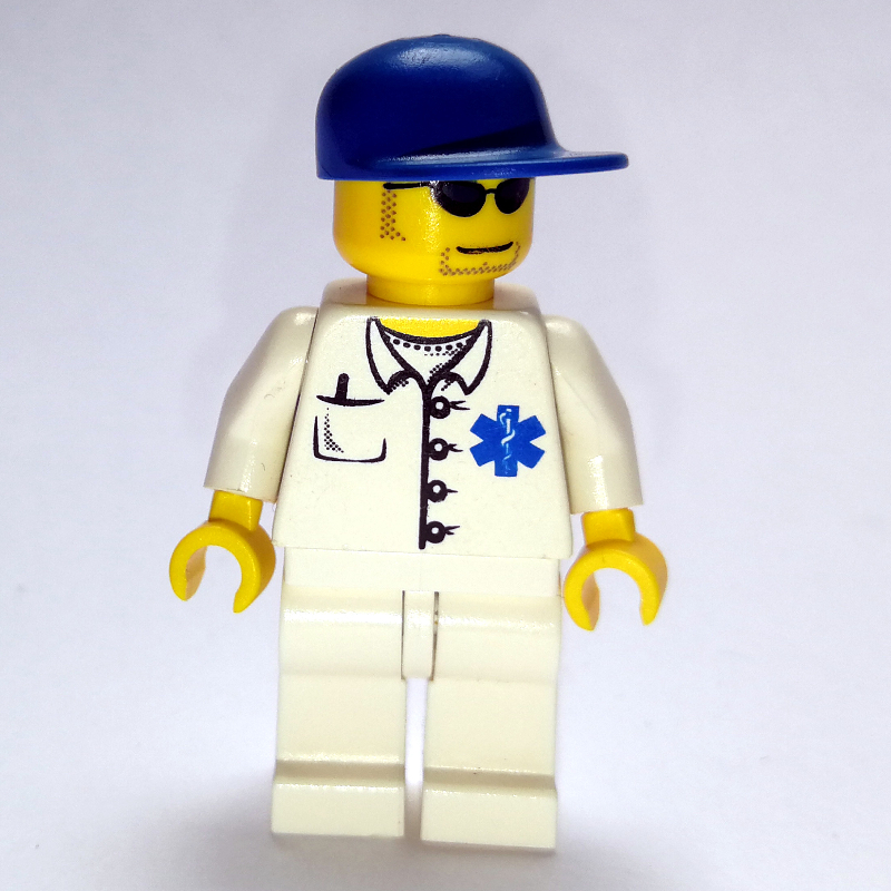 Lego Doctor, White Shirt with Star of Life Logo, Blue Cap, Sunglasses