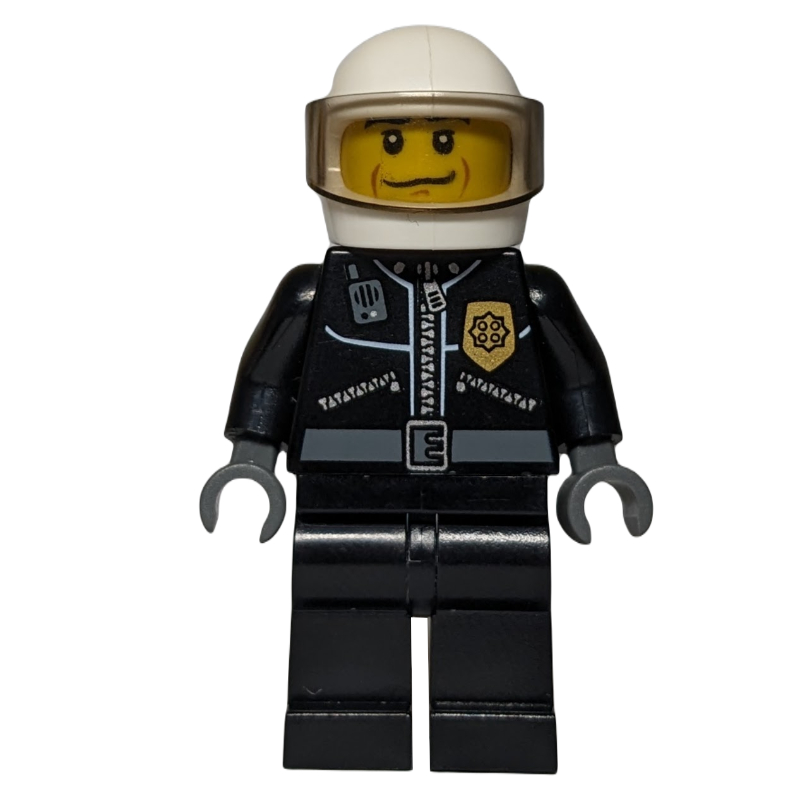 Lego Policeman, Black Jacket with Zipper, Radio, and Badge, White Helmet and Visor