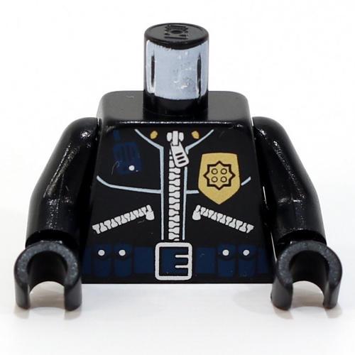 Lego Torso Police Leather Jacket, Gold Badge, Radio, Ammo Belt / 'Police' on Back Print, Black Arms and Hands / Black