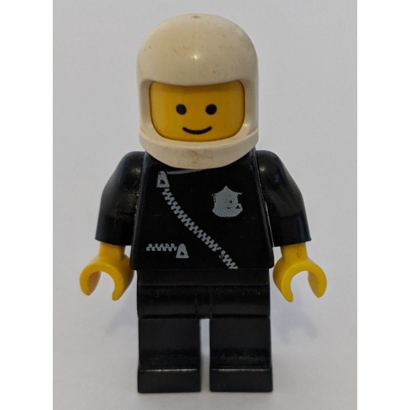 Lego Policeman, Black Jacket with Zipper and Badge, White Helmet (3842b Helmet)