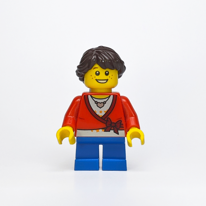 Lego Girl, Cardigan Tied with Bow, Necklace, Short Blue Legs, Dark Brown Hair