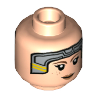 Lego Minifig Head Bo-Katan Kryze, Light Bluish Gray Headset with Yellow Stripes, Reddish Brown Eyebrows, Peach Lips Print / Light Nougat
