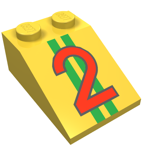 Lego Brick Sloped 33° 3 x 2 with Red '2' over Two Green Stripes Print / Yellow