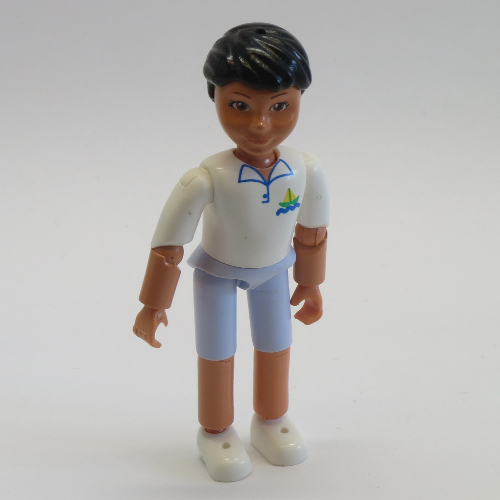 Lego Belville Figure Articulated Elbows, Child, Male, Black Hair, Light Blue Shorts, White Shirt with Ship Logo Print / Nougat