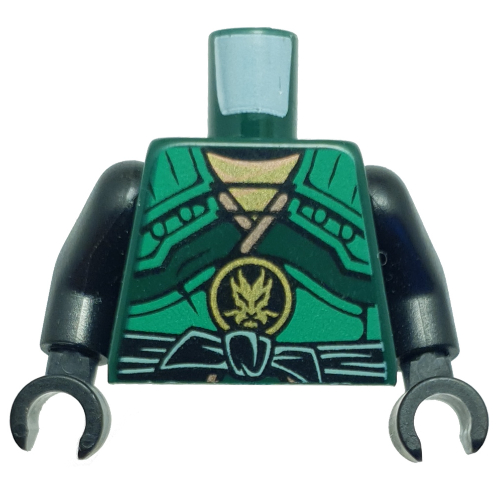 Lego Torso Armor with Green Straps and Black Sash with Golden Dragon Emblem Print, Black Arms and Hands / Dark Green