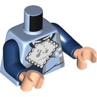 Lego Torso, Light Bluish Grey Lines, Dark Blue Panels, White Napkin with Stains print, Dark Blue Arms, Light Nougat Hands / Bright Light Blue