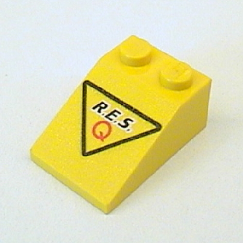 Lego Brick Sloped 33° 3 x 2 with 'R.E.S. Q' and Black Triangle Print (Res-Q) / Yellow