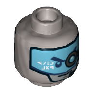 Lego Minifig Head Zane, Silver and Blue Eyes, Gray Eyebrows / Blue Visor with Headset and Eyepiece Print / Flat Silver
