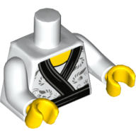 Lego Torso Kimono with Black Collar and Dark Bluish Gray Shrimp Design Fabric, Black Sash, Overlapping Collar / Rounded Collar on Back Print, White Arms, Yellow Hands / White