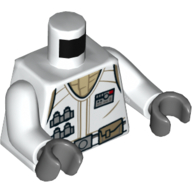 Lego Torso Vest over Tan Shirt, Ammo Belt, Utility Belt, Pockets, ID Badge Print, White Arms, Dark Bluish Hands / White
