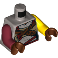 Lego Torso Odd Arms, Armor, Reddish Brown Straps, Dark Tan Undershirt Print, Left Yellow Arm, Right Dark Red Arm, Reddish Brown Hands / Flat Silver