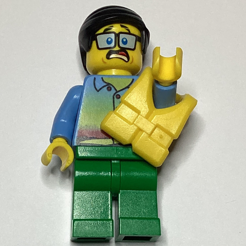 Lego Man, Sunset Shirt with Palm Trees, Green Legs, Yellow Life Vest, Glasses