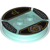 Function Brick Round 4 x 4 x 2/3 with 2 Studs and Black and Gold Cole Symbol and Asian Character Print / Trans-Light Blue