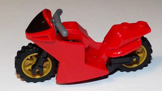 Lego Motorcycle Sport Bike with Black Windshield Pattern, Black Frame, Pearl Gold Wheels and Dark Bluish Gray Handlebars