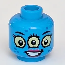 Minifig Head, 3 Yellow Eyes, Red Lips, Smile Print [Hollow Stud] / Dark Azure