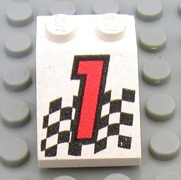 Brick Sloped 33° 3 x 2 with Red '1', Chequered Flag Print / White