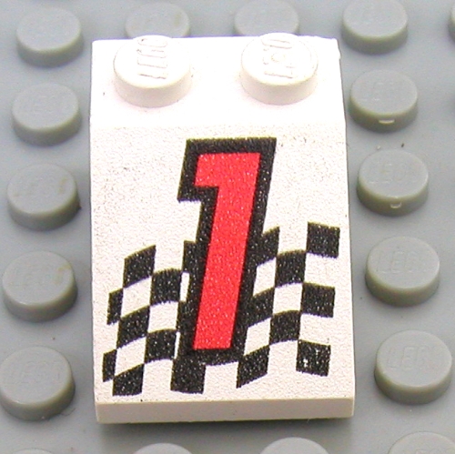 Lego Brick Sloped 33° 3 x 2 with Red '1', Chequered Flag Print / White