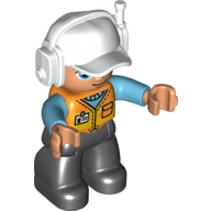 Lego Duplo Figure with Headset and Cap White, with Medium Azure Arms, Orange Safety Vest, and Black Legs / Orange