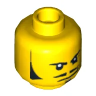 Minifig Head Rodney Rathbone, Sideburns, Moustache, Wrinkles and Smirk Print [Hollow Stud] / Yellow
