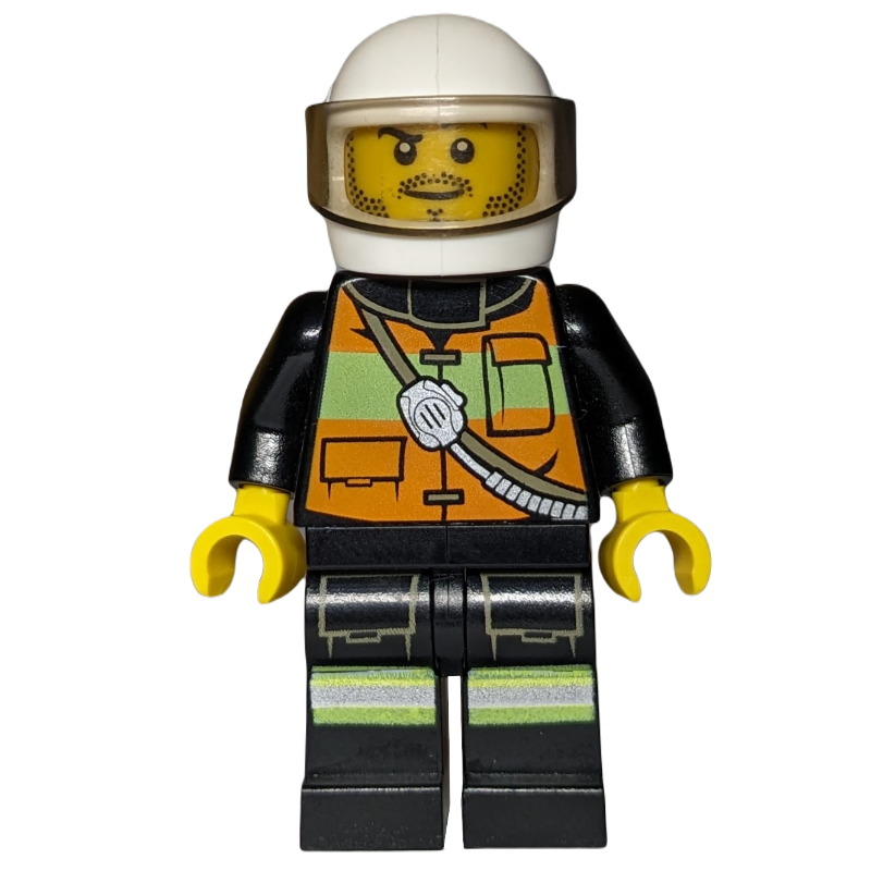 Lego Fireman, Orange Safety Vest with Radio, White Helmet with Visor, Stubble