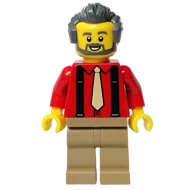 Lego Red Torso, Dark Tan Legs, Dark Bluish Grey Hair