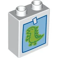 Duplo Brick 1 x 2 x 2 with Childs Drawing of a Dinosaur Print / White