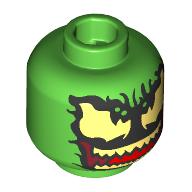 Lego Minifig Head Green Goblin, Bright Light Yellow Large Eyes, Teeth, Red Tongue, Half/Full Black Venom Mask / Bright Green