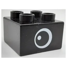 Duplo Brick 2 x 2 with Eye, White Dot, White All Around Pupil Print, on Two Sides - Type 2 / Black