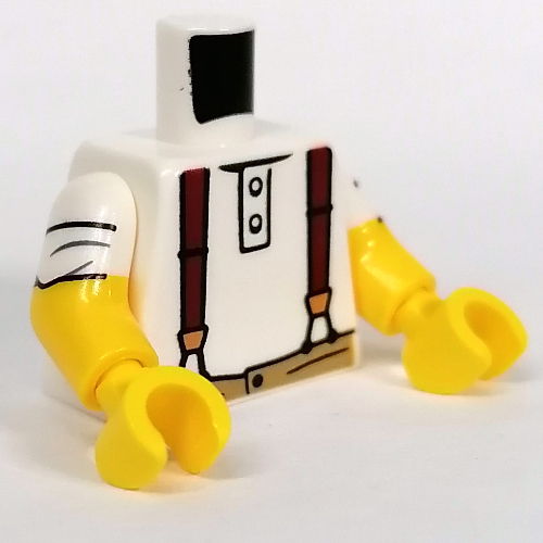 Lego Torso, Dual Molded Arms with Shirt, Reddish Brown Suspenders, Dark Tan Pants print, White Sleeves Pattern, Yellow Arms and Hands / White