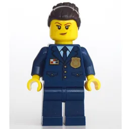 Policewoman, Dark Blue Suit and Tie, Dark Brown Bun Hair