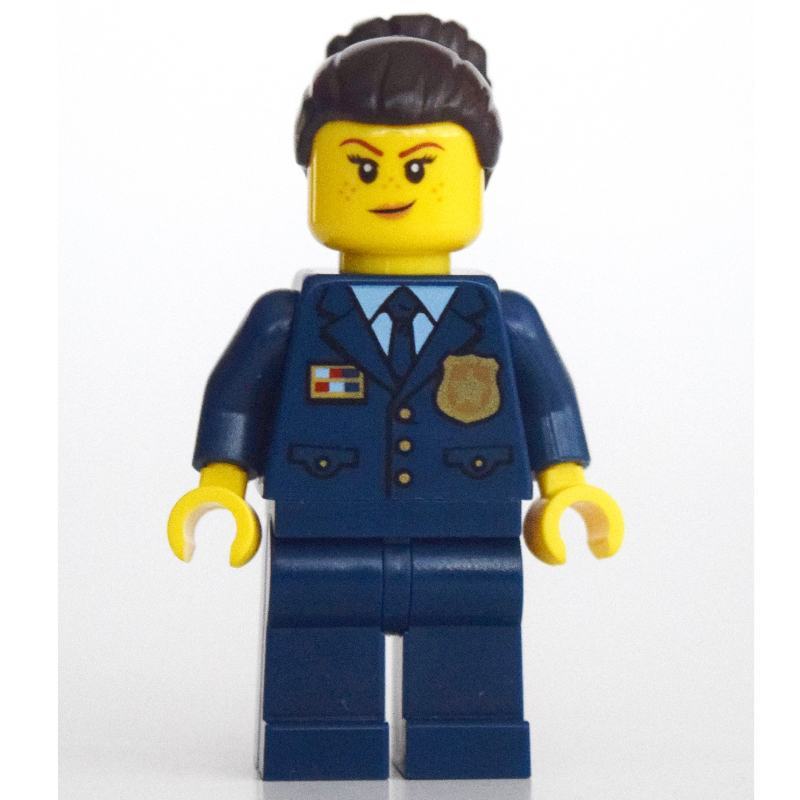 Lego Policewoman, Dark Blue Suit and Tie, Dark Brown Bun Hair