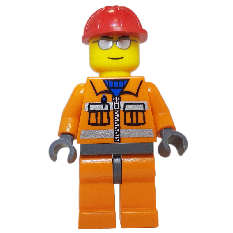Lego Construction Worker, Orange Jacket with Zipper and Reflective Stripes, Orange Legs, Red Hard Hat, Silver Sunglasses