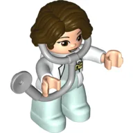 Duplo Figure with Hair Side Parted Dark Brown, Light Aqua Legs, White Top with ID Badge, White Arms, Attached Stethoscope (Medic) / White
