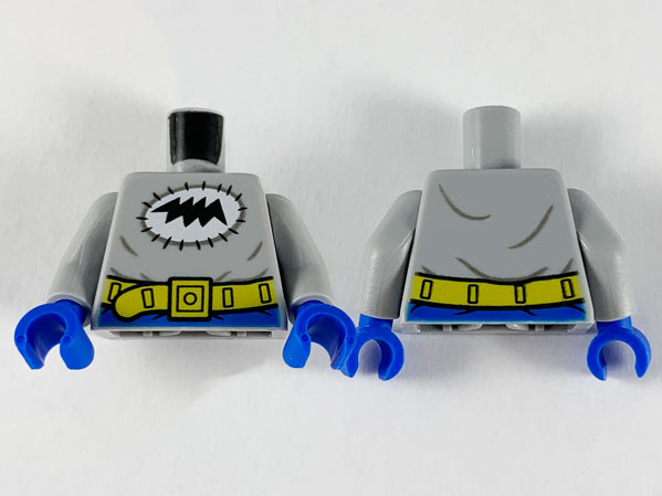 Lego Torso Black Bat Scribble in White Stitched Oval, Yellow Utility Belt Pattern / Light Bluish Gray Arms / Blue Hands