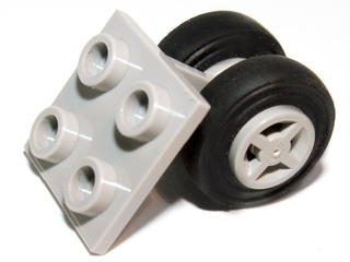 Lego Plate, Modified 2 x 2 Thin with Dual Wheels Holder - Split Pins with Light Gray Wheels and Black Tires (4870 / 4624 / 3139)