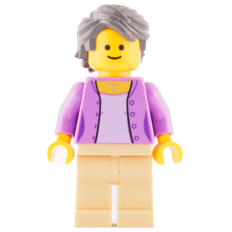 Lego Medium Lavender Torso, Tan Legs, Dark Bluish Gray Hair