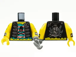 Torso Vest, Silver Clasps, Anchor and Compass Buttons, Shirt Coral and Dark Turquoise Stripes with Black Skull and Crossbones, Pirate Ship on Back Pattern / Yellow Arms with Cuff and Pirate Tattoo Pattern / Dark Bluish Gray Hook Left / Yellow Hand Right