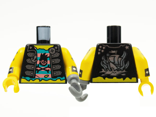 Lego Torso Vest, Silver Clasps, Anchor and Compass Buttons, Shirt Coral and Dark Turquoise Stripes with Black Skull and Crossbones, Pirate Ship on Back Pattern / Yellow Arms with Cuff and Pirate Tattoo Pattern / Dark Bluish Gray Hook Left / Yellow Hand Right