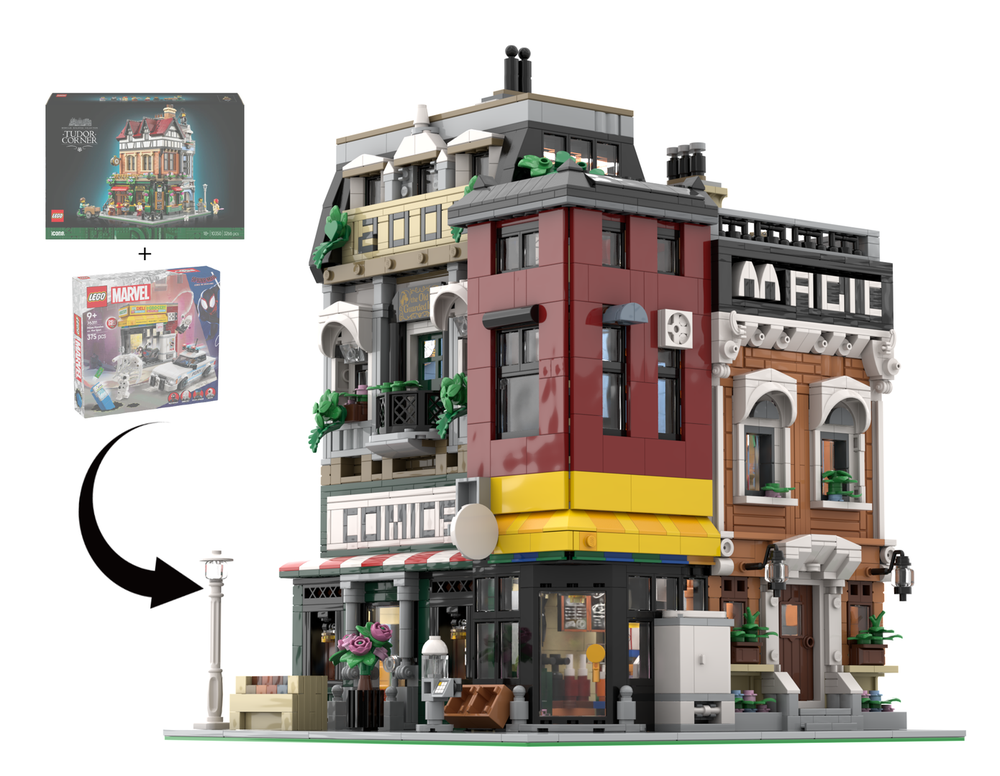Lego Comic Store, Event Hall and Deli - Alternative build of Tudor Corner Modular + Miles vs The Spot - No extra parts