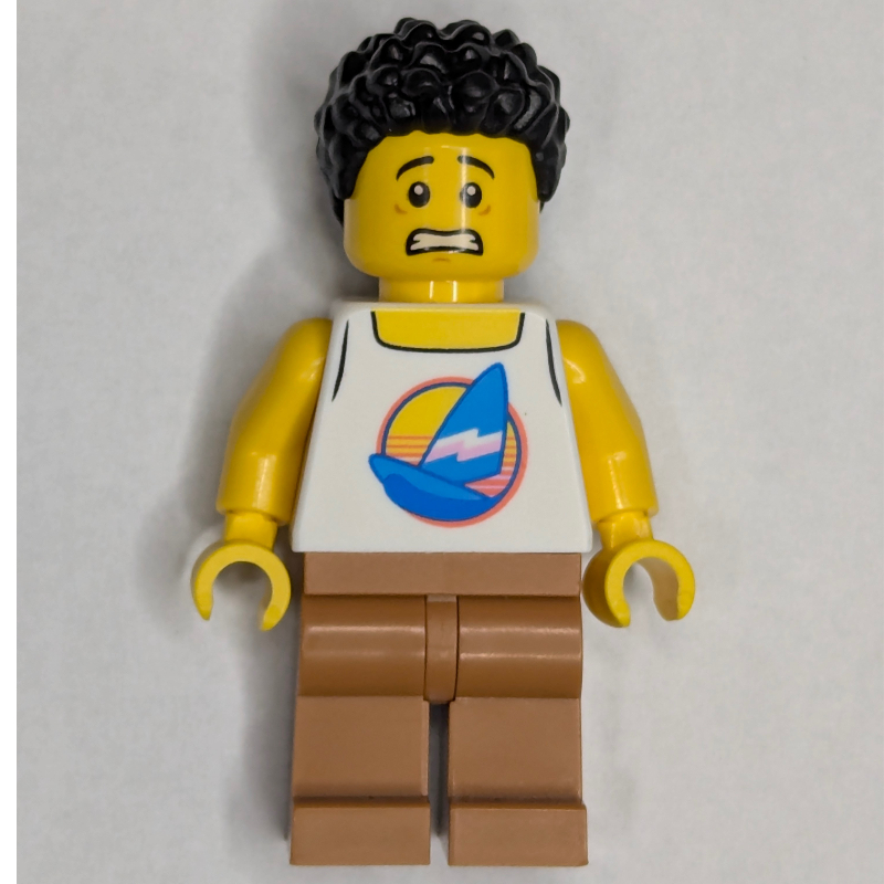 Lego Man, White Vest, Medium Nougat Legs, Black Hair