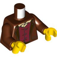 Lego Torso, Jacket, Dark Red Buttoned Shirt, Tan Shirt print, Reddish Brown Arms, Yellow Hands / Reddish Brown