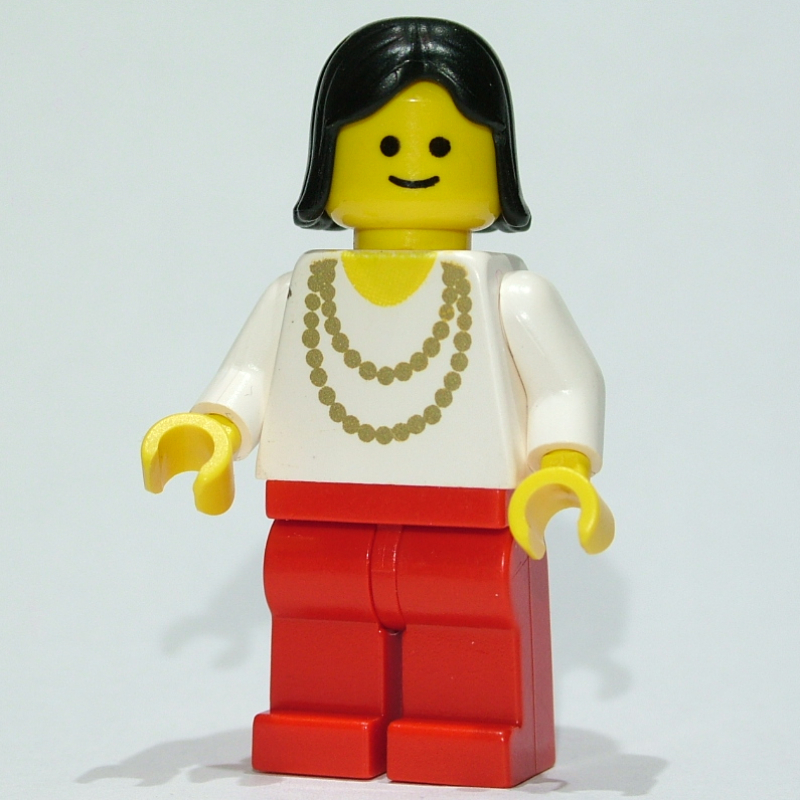 Lego Woman, White Shirt with Gold Necklace, Red Legs, Black Hair (3626b Head)