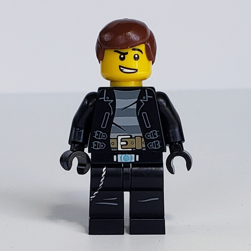 Lego Criminal, Open Leather Jacker over Prison Shirt, Reddish Brown Hair