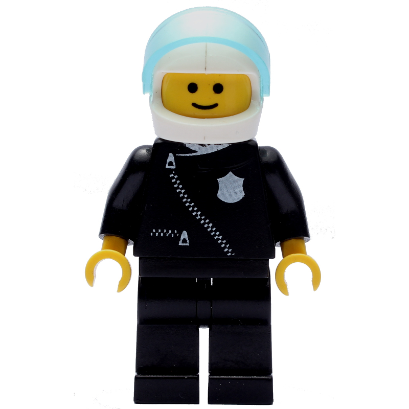 Lego Policeman, Black Jacket with Zipper and Badge, White Helmet with Visor (3626b Head)
