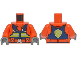 Torso Jacket, Dark Blue Safety Vest with Lime and Silver Reflective Stripes, Belt with Buckle, Coast Guard Logo on Back Pattern / Reddish Orange Arms / Dark Bluish Gray Hands