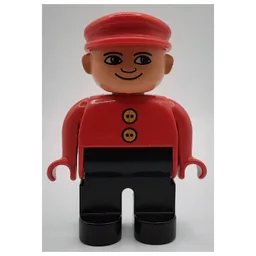 Duplo Figure, Early, with Flat Cap Red, Black Legs, 2 Yellow Buttons, White Eyes Print / Red